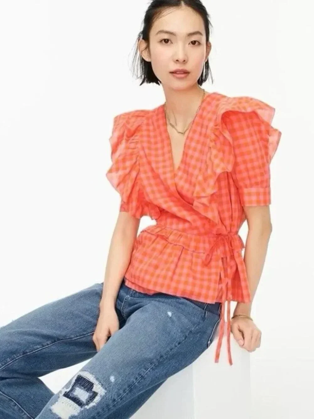 NWT J. Crew Cotton Gingham Wrap Front Ruffle Peplum Top Size L
